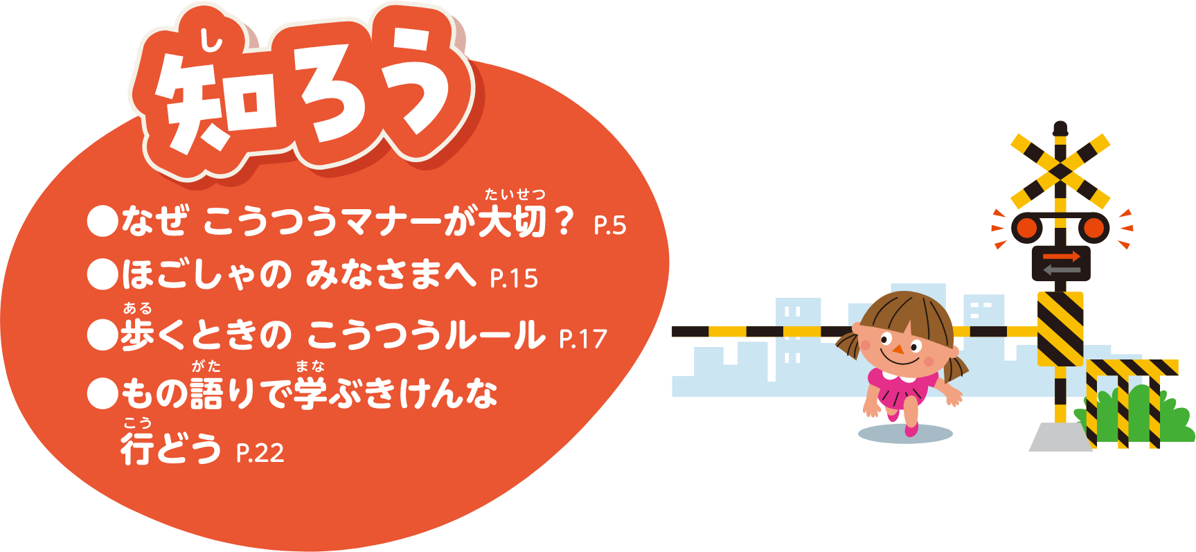 知ろう：●なぜ こうつうマナーが大切？ P.5、●ほごしゃの みなさまへ P.15、●歩くときの こうつうルール P.17、●もの語りで学ぶきけんな行どう P.22